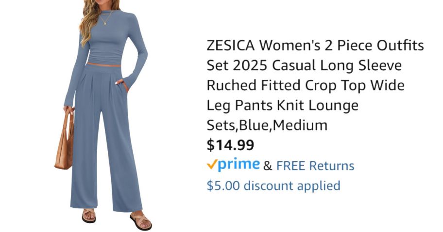 Woman in blue clothes next to price information on Amazon