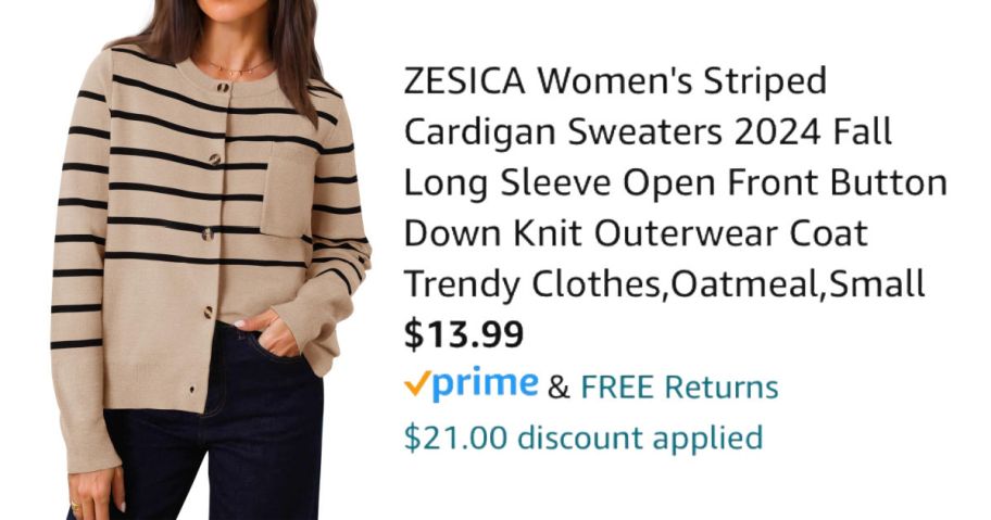 woman wearing striped sweater next to Amazon pricing information