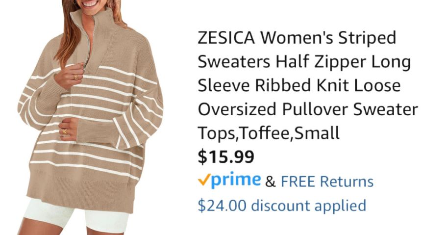 Woman wearing striped half-zip next to Amazon price information