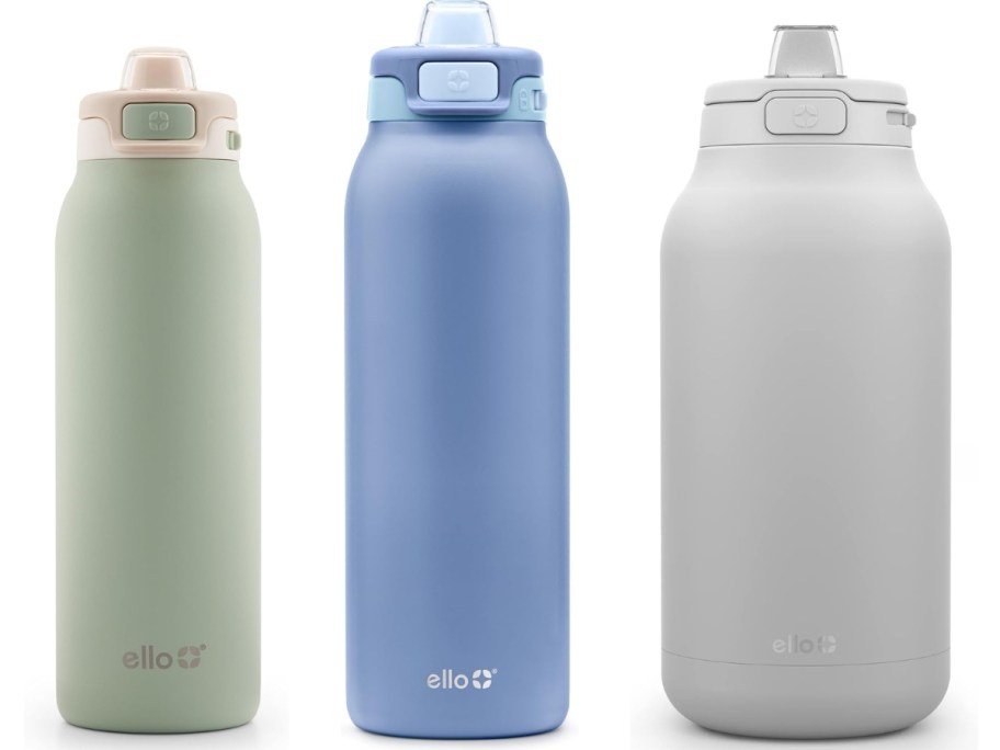 3 Ello stainless steel water bottles in different colors and sizes