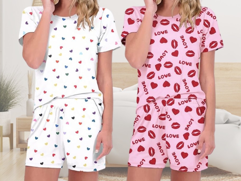 2 women wearing Valentine's themed pajama tops and shorts