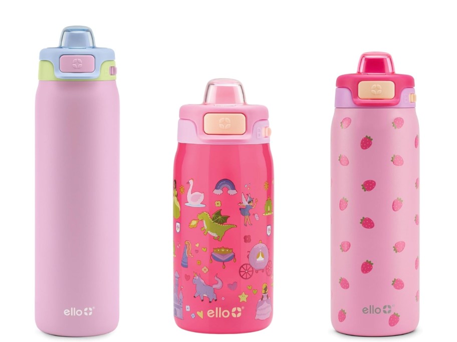 3 Ello stainless steel water bottles in different colors and sizes