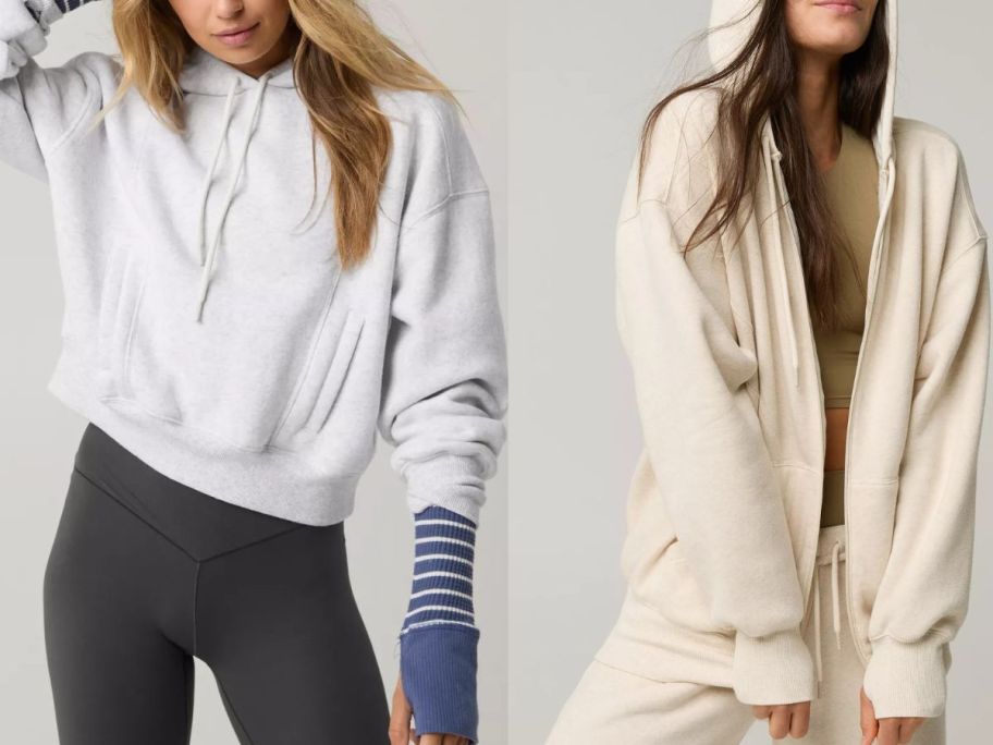 Stock images of two women wearing Aerie sweatshirts