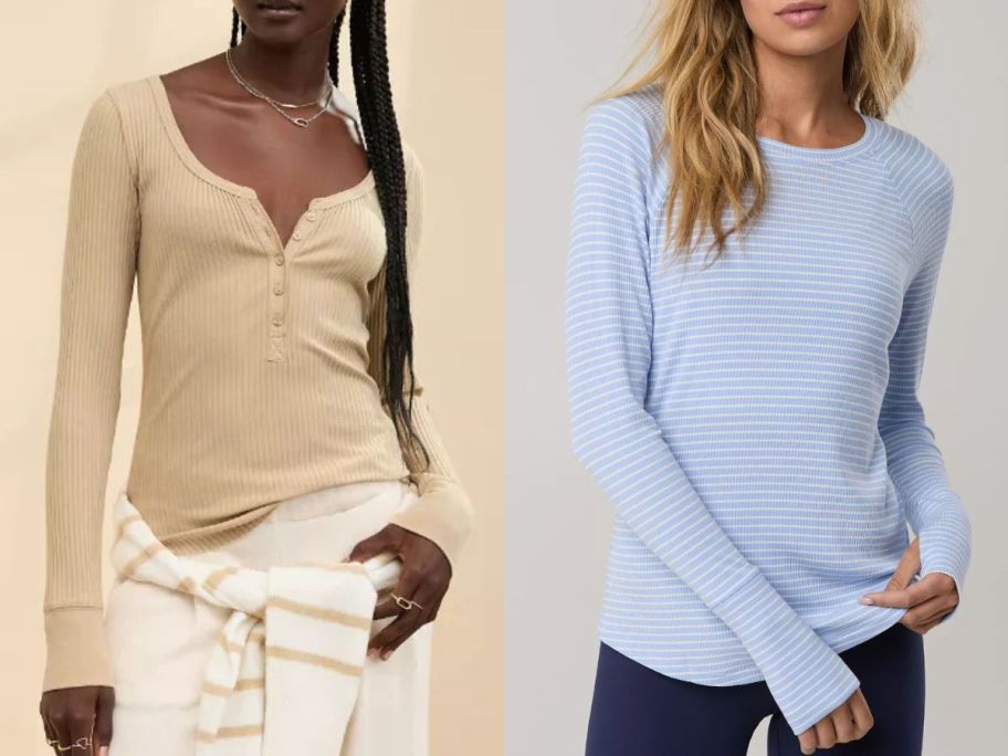 Stock images of two women wearing Aerie long sleeve tees