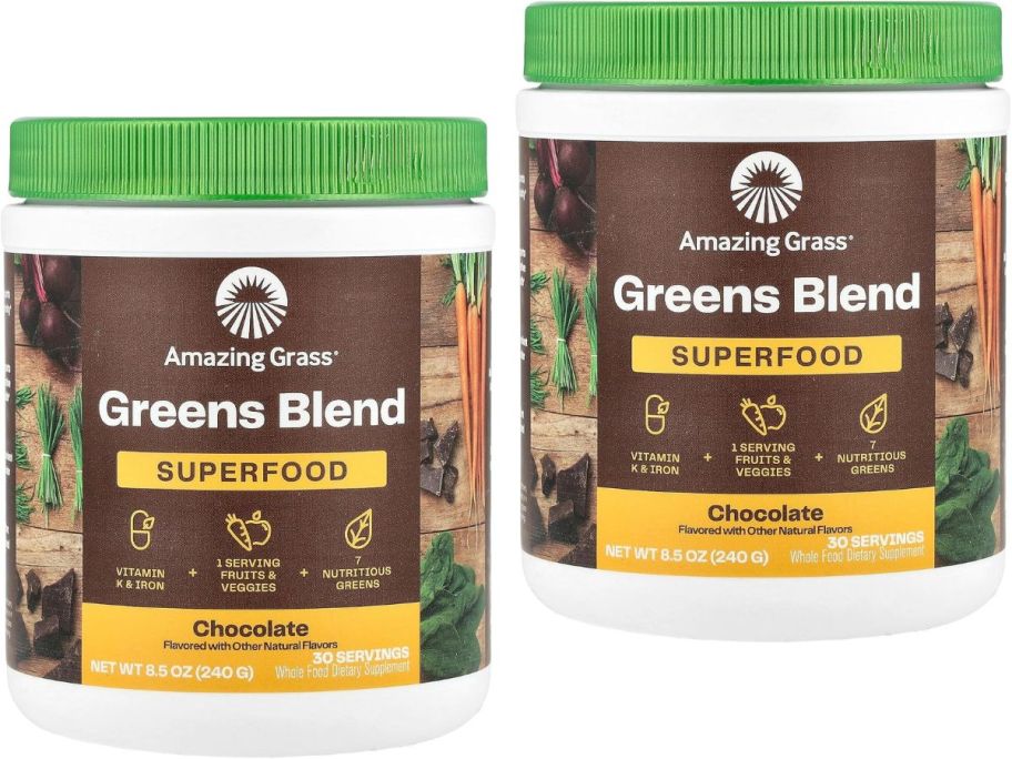 two jars of Amazing Grass Greens Superfood Powder 8.5oz in Chocolate flavor