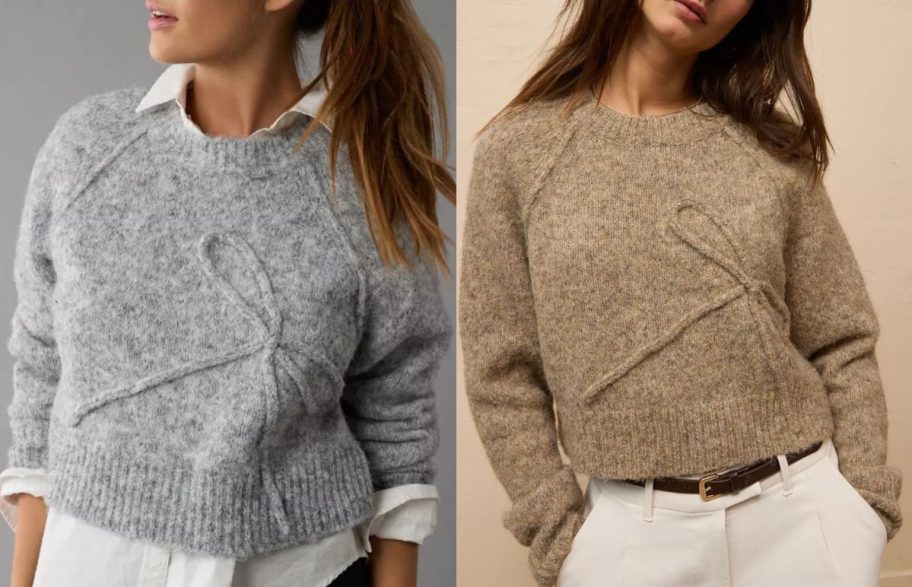 Stock images of two women wearing American Eagle bow sweaters