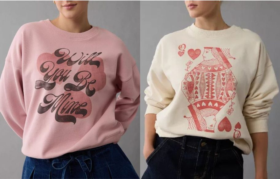 Stock images of two women wearing American Eagle Valentine's Day sweatshirts