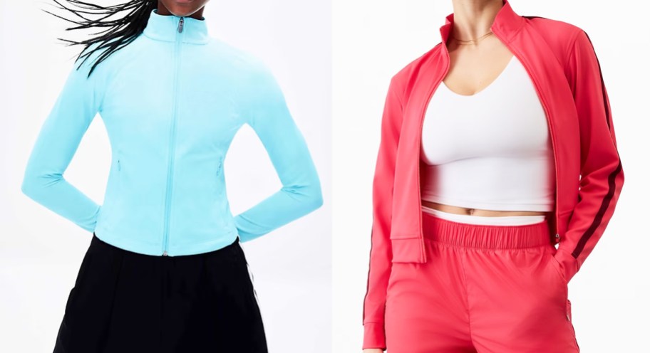 two women in light blue and bright pink jackets