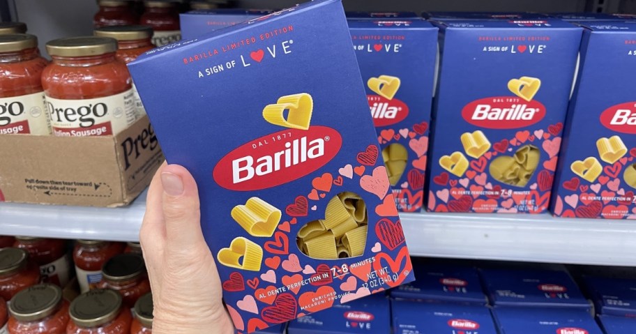 box of barilla heart-shaped pasta in store