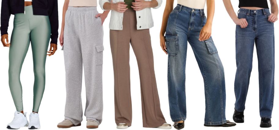 5 pairs of women's pants on a white background