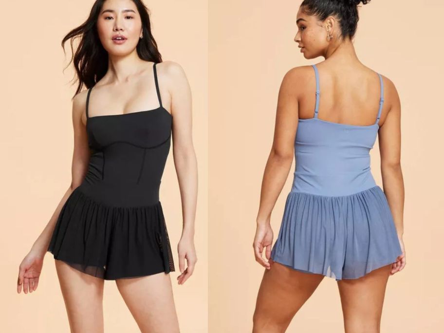 2 women wearing Blogilates Women's Barre Active Rompers