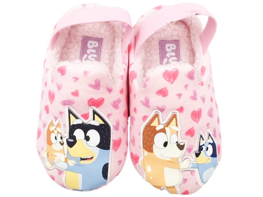 pair of pink heart print slippers with bluey characters