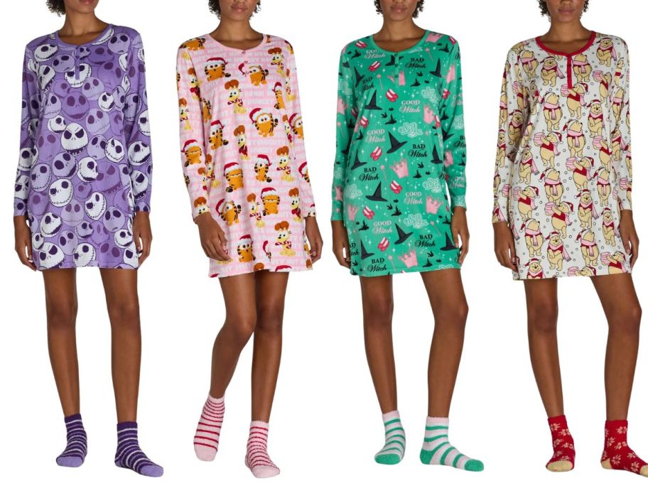 Character Women's Holiday Print Henley Sleepshirt and Plush Socks Set