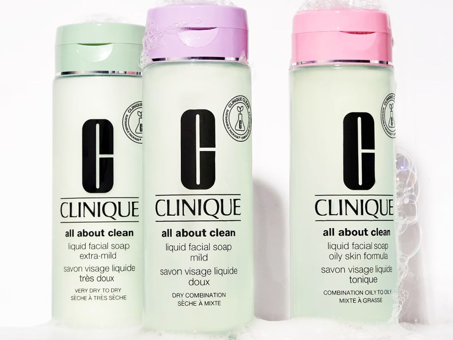 three bottles of Clinique All About Clean Liquid Facial Soap