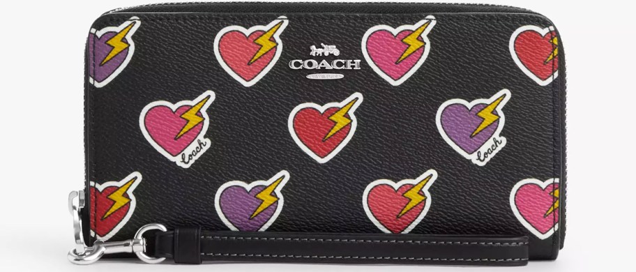 black heart bolt print coach wallet with wrist strap