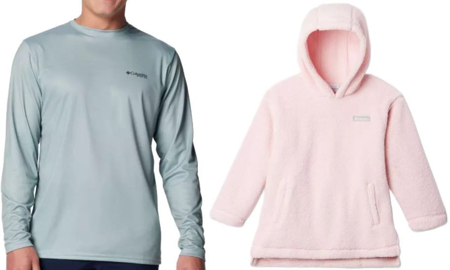 Stock images of a Columbia men's t-shirt and a girls fleece pullover