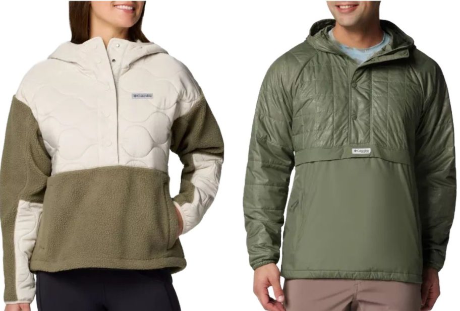 Stock images of a woman and a man wearing Columbia jackets