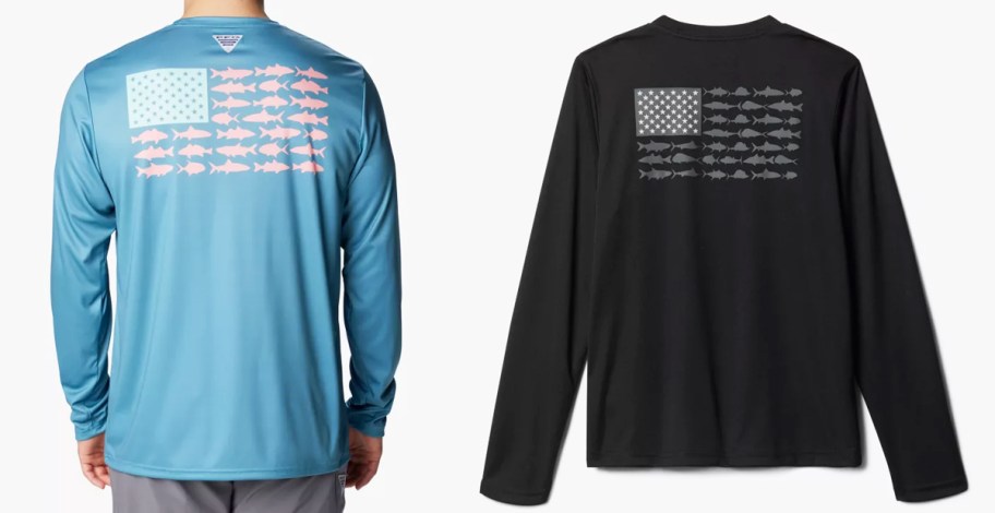 blue and black long sleeve shirts with american flags made of fish