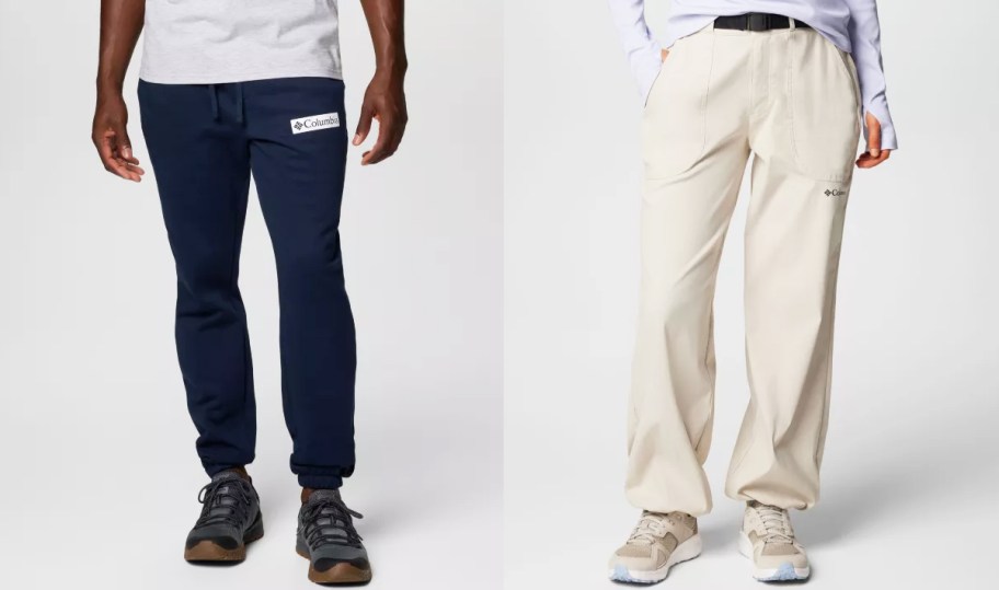 man in navy blue sweatpants and woman in white nylon pants