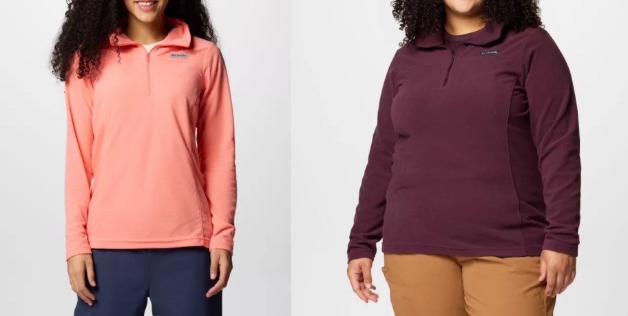 two women in light pink and maroon fleece pullovers