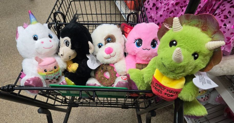 5 valentine's day plush in a Dollar Tree shoping cart