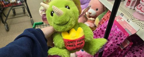 A Dinosaur stuffed animal for Valentine's Day at Dollar Tree