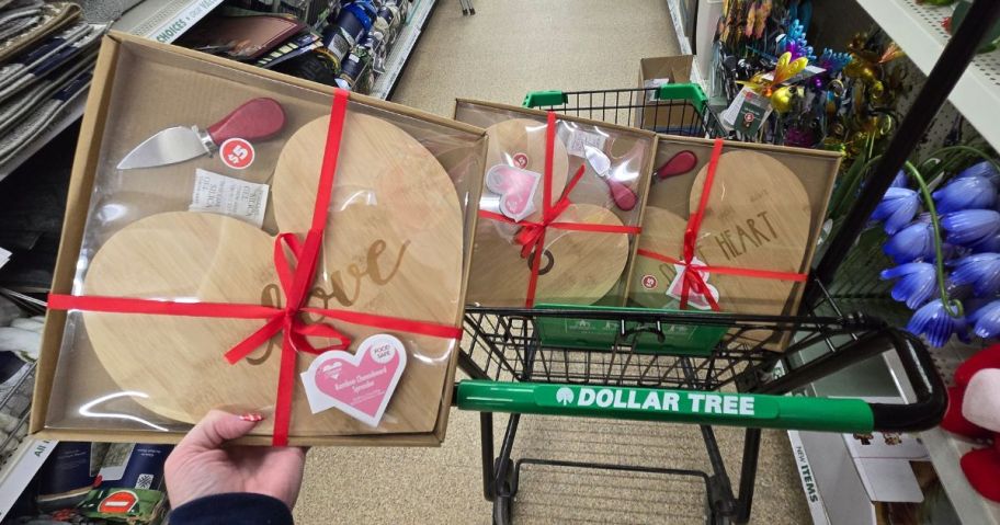 Valentine&rsquo;s Day Bamboo Heart Cheeseboard & Spreader Sets in a Dollar Tree Shopping Cart