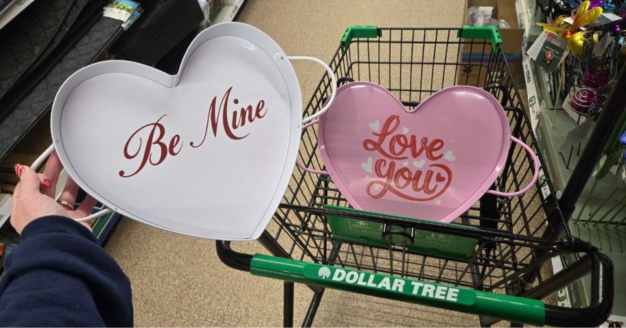 Valentine's Day Metal Heart Trays on Dollar Tree shopping cart