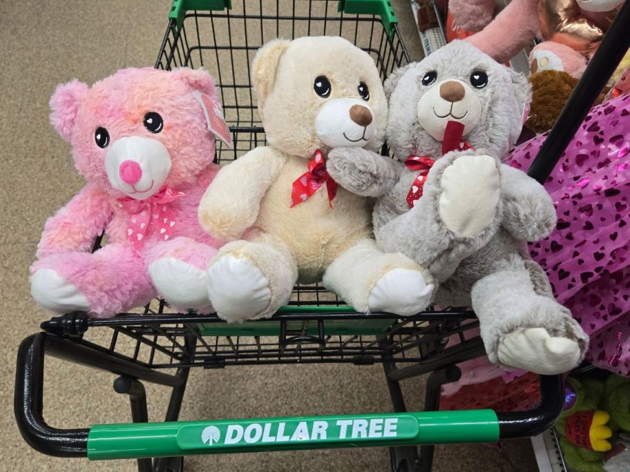 Valentine's Day Stuffed Teddy Bears in a Dollar Tree shopping cart