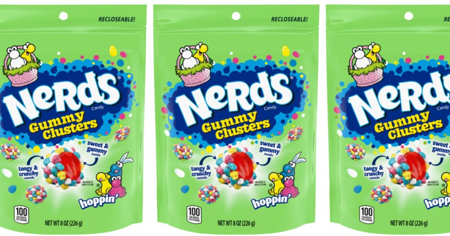 bright green bags of nerds, gummy clusters in Easter theme