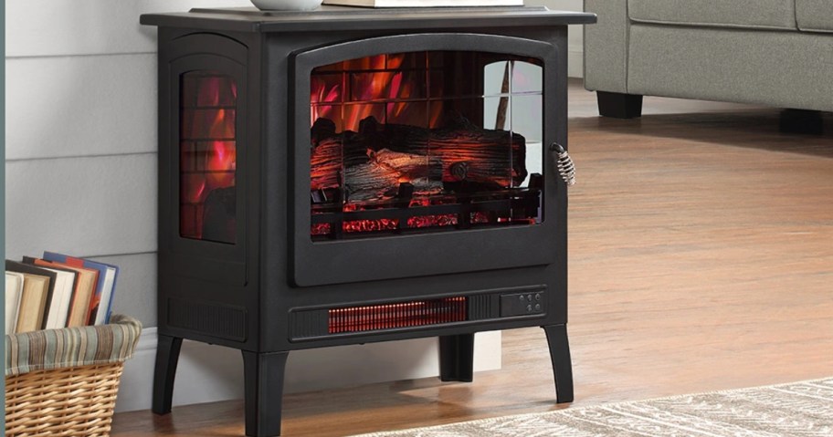 electric fireplace heater with orange flames