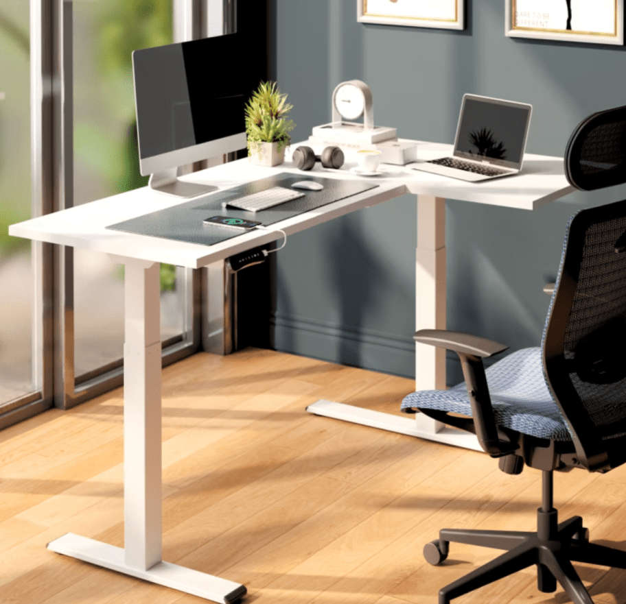 An l-shaped Flexispot standing desk