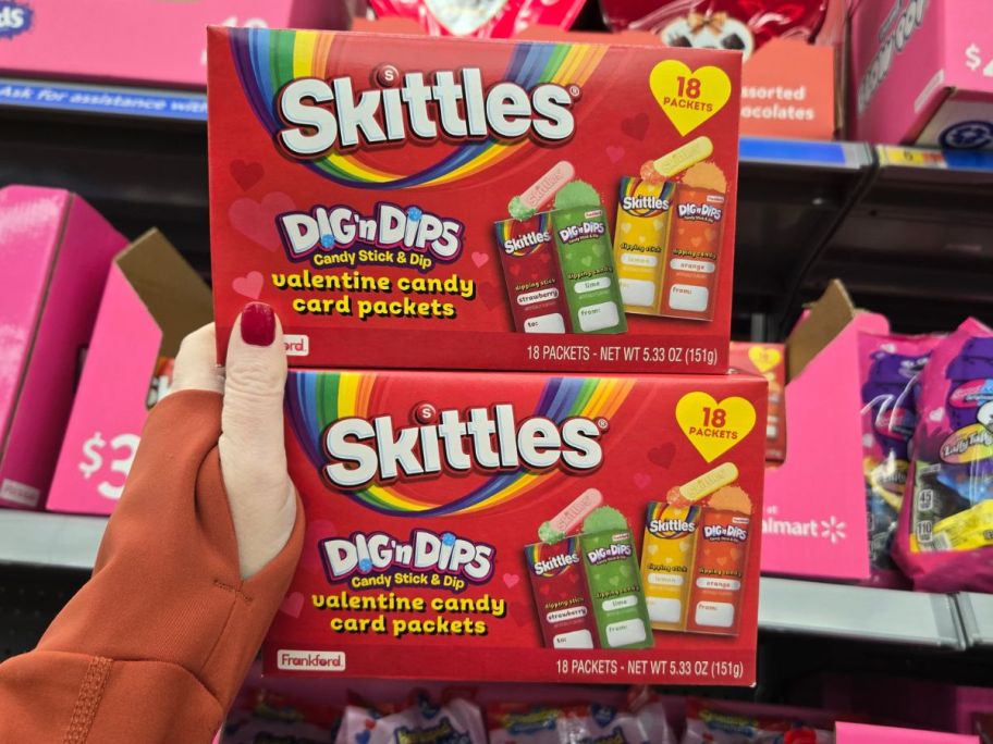 Frankford Skittles Valentine Dig N Dips Exchange Candy 18-Count in hand in store