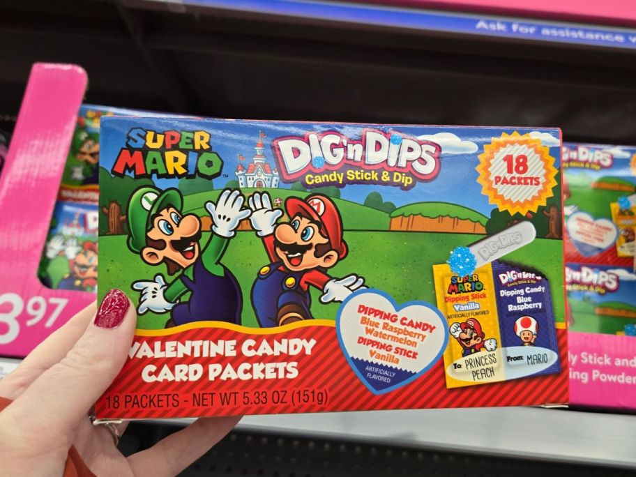 Frankford Super Mario Valentine Dig N Dips Exchange Candy 18-Count in hand in store