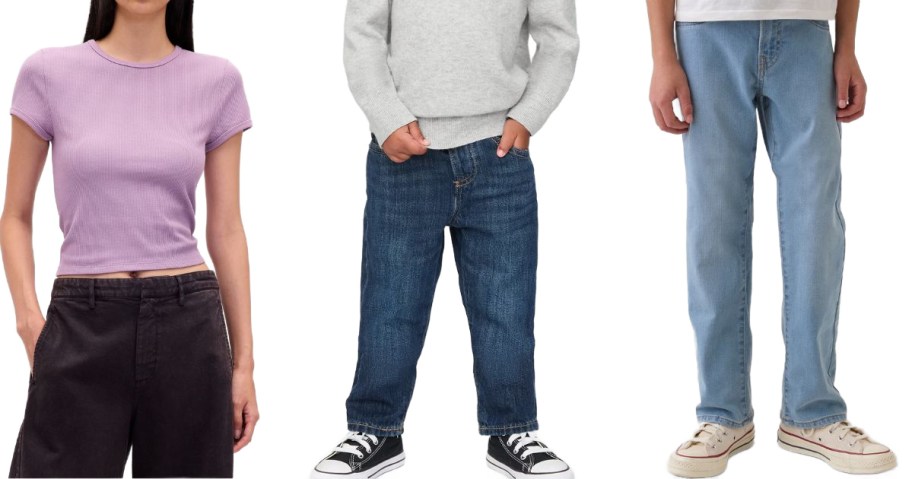 Stock images of a woman and two kids wearing GAP clothing