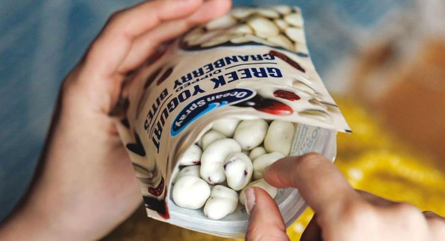 Greek yogurt cranberries in womans hand