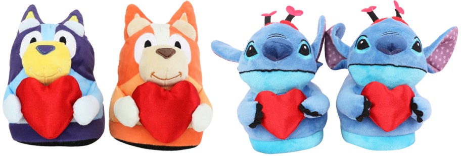 bluey and stitch character slippers holding hearts