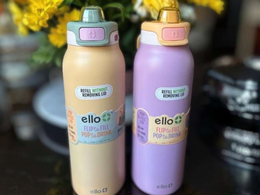2 Ello stainless steel water bottles in different colors