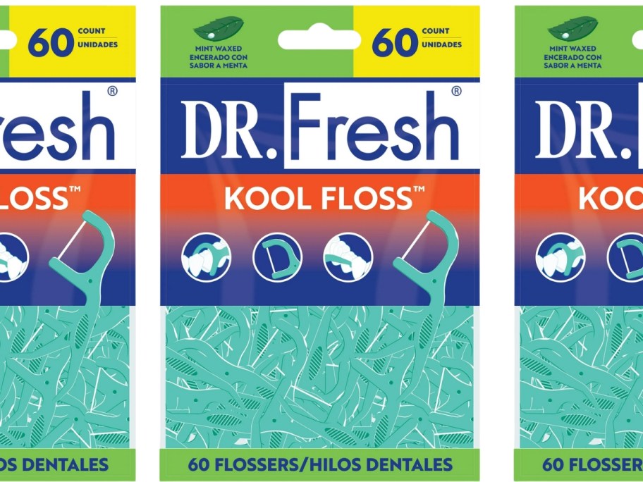 a stock image of a pack of Dr. Fresh Kool Floss Mint Waxed Dental Flossers