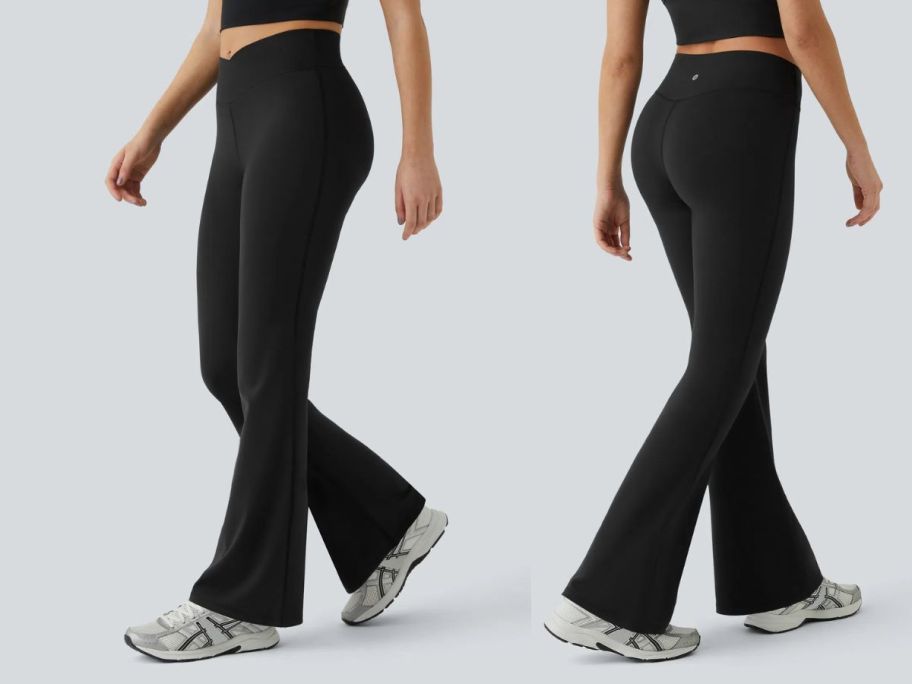 girl wearing Halara HaloTek Air High-Waisted Crossover Flare Yoga Leggings