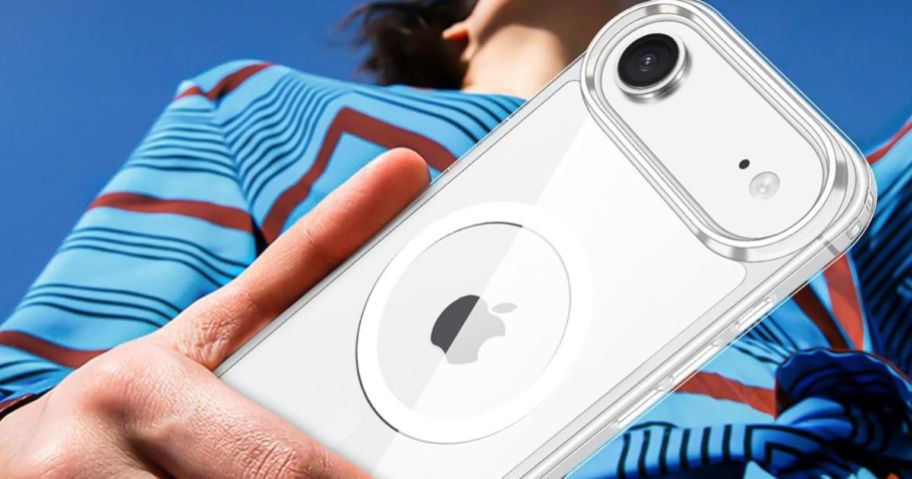 Hand holding an iPhone Air in a clear case