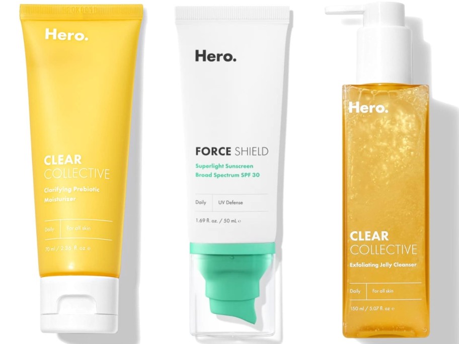 hero cosmetics moisturizer, sunscreen, and jelly cleanser