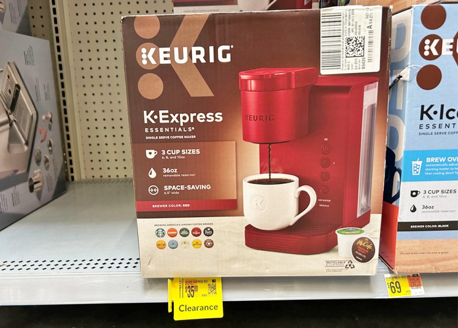 red Keurig K-Express Coffee Maker box on store shelf with clearance tag