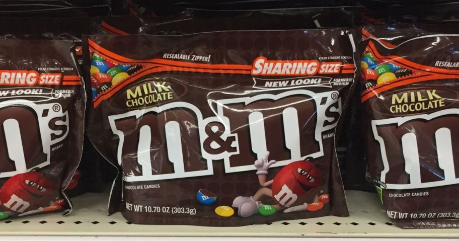 M&M's Candy Sharing Size Bags on shelf in store