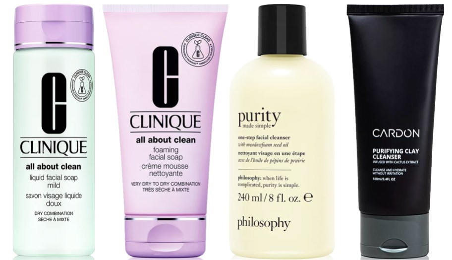 4 bottles of facial cleansers in a row