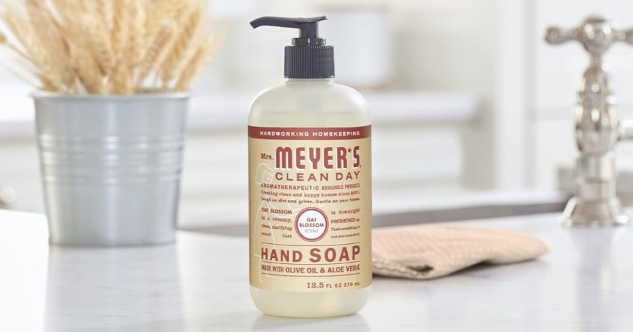 mrs. meyer's oat blossom 12.5oz bottle of hand soap on counter