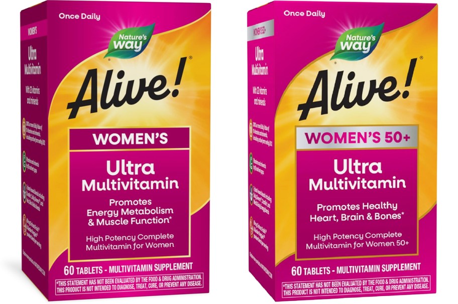 two pink and yellow boxes of Nature's Way Alive! Women's Daily Ultra Multivitamin