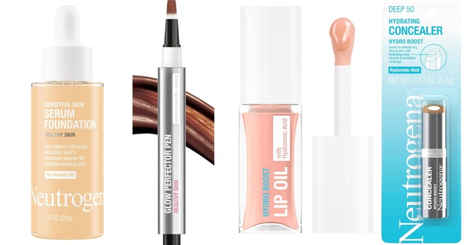 neutrogena serum foundation, perfector stick, lip oil, and concealer stick stock images