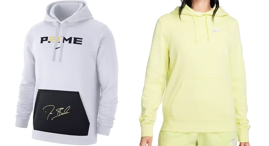 white hoodie that says prime and woman in pastel yellow hoodie