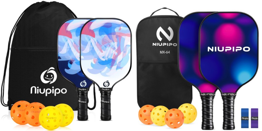 Two Niupipo pickleball sets displayed against a white background; the left set includes two paddles with an abstract blue, white, and red design, a black drawstring bag, and four pickleballs, while the right set features two paddles with a dark background and glowing pink and blue circles, a black carrying case, four pickleballs, and two rolls of grip tape.